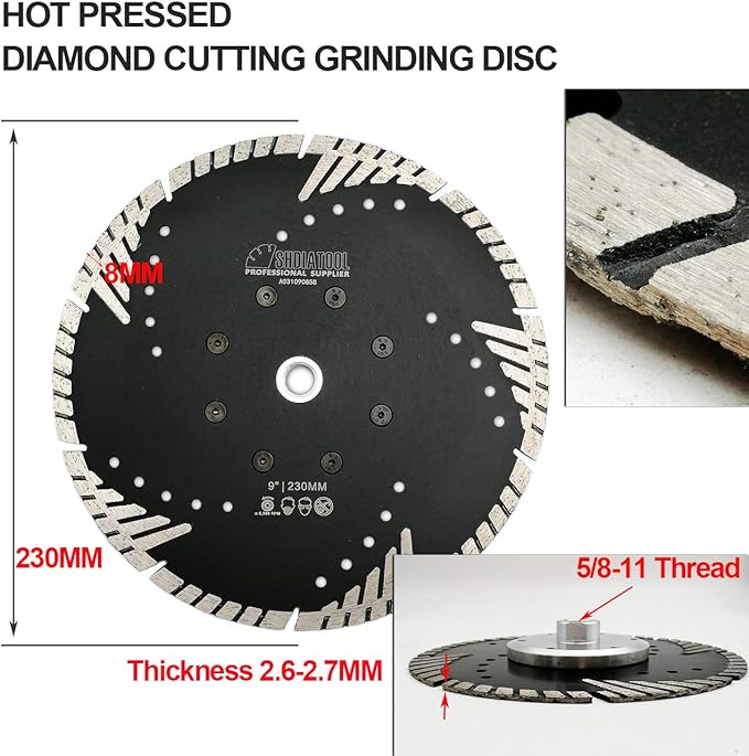 SHDIATOOL Diamond Turbo Blade Dia 9 Inch with Slant Protection Teeth Cutting Stone Granite Marble Concrete Brick with 5/8-11 Thread
