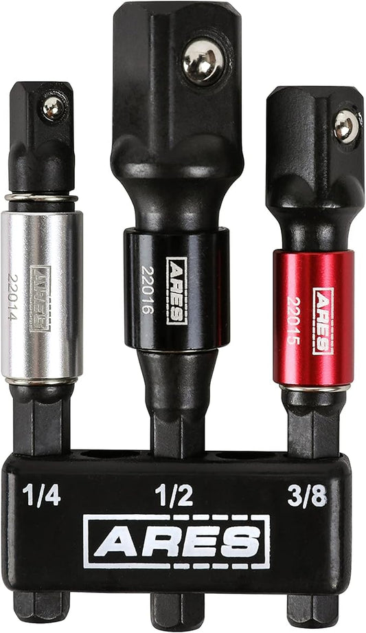 ARES 22011-3-Piece 3-Inch Impact Grade Socket Adapter Set with Color Sleeve - Turns Power Drill into High Speed Nut Driver - 1/4-Inch, 3/8-Inch, and 1/2-Inch Drive