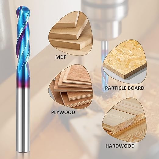 HQMaster Ball Nose Router Bit Upcut 1/4 Inch Shank Solid Carbide CNC Router Bit with Nano Blue Coating CNC Bits End Mill for Woodwork Mortise Slot Trim