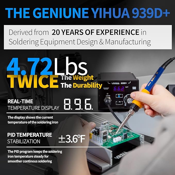 YIHUA 939D+ Digital Soldering Station, 75W Equivalent with Precision Heat Control (392째F to 896째F) and Built-in Transformer. ESD Safe, Lead Free with 째C/째F display (Black)