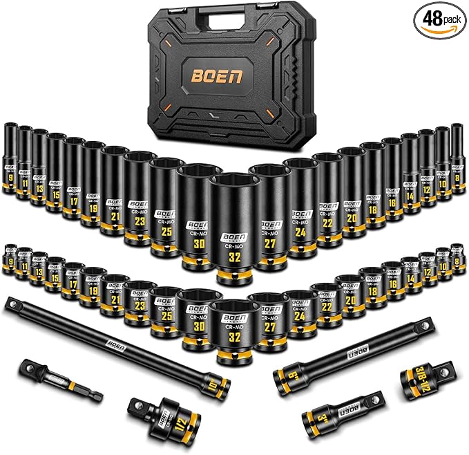 boen 48PCS 1/2??Drive Metric Socket Set, Impact Deep&Shollow Socket(8mm-32mm), for Lug Nut Use, 6-Point with Yellow Embossed Marking, CR-MO