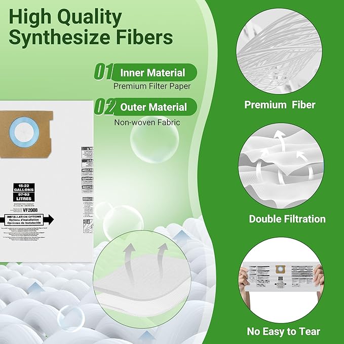 5 Pack Vacuum Bags Replacement for Shop Vac Bags 15-22 Gallon Type G 90663 9066300 Type J 90673 9067300 and VF2008, PETOX High-Efficiency Disposable Vaccum Collection Filter Bags