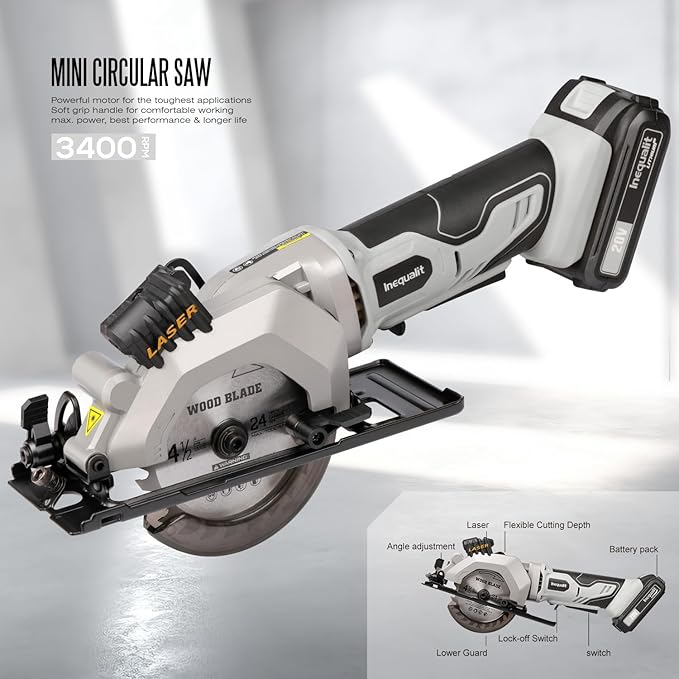 Cordless Mini Circular Saw, 4-1/2 Inch 3400 RPM Circular Saw with Laser Guide, Rip Guides, 2 Blades (24T Wood + 60T Metal), Max Cutting Depth 1-11/16" (90°), 1-1/8" (45°)"