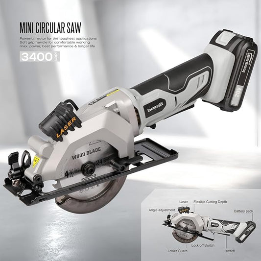 Cordless Mini Circular Saw, 4-1/2 Inch 3400 RPM Circular Saw with Laser Guide, Rip Guides, 2 Blades (24T Wood + 60T Metal), Max Cutting Depth 1-11/16" (90°), 1-1/8" (45°)"