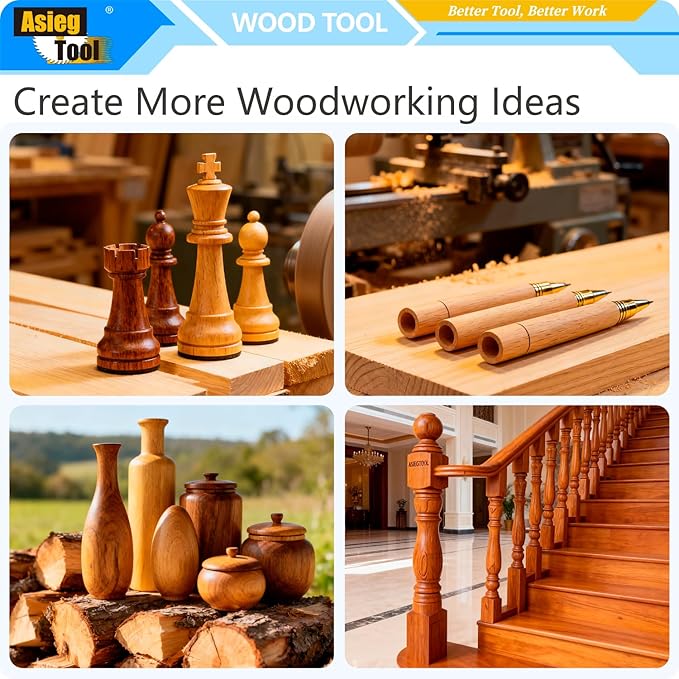 AT05 Carbide Tipped Wood Turning tools Lathe set Rougher Detailer Finisher Swan Neck Hollower Parting Tool with Solid Wood Handle and Diamond Round Square Carbide Inserts 5pcs
