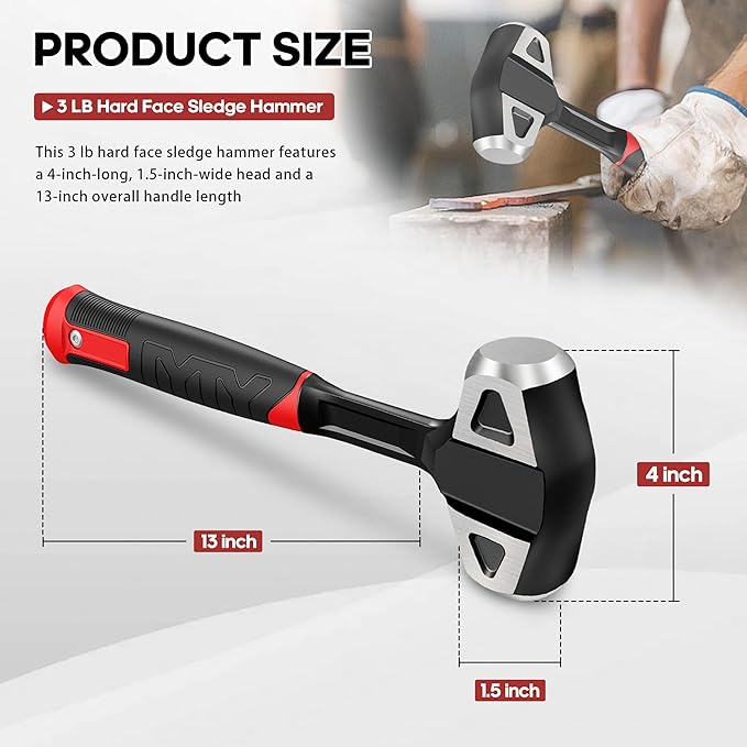 YIYITOOLS 3lb Hard Face Sledge Hammer, Heavy Duty One-Piece Forged Carbon Steel, 3-Pound Strike Drilling/Crack Hammer with Anti-Vibration Rubber Grip for Rock, Demolition & General Construction