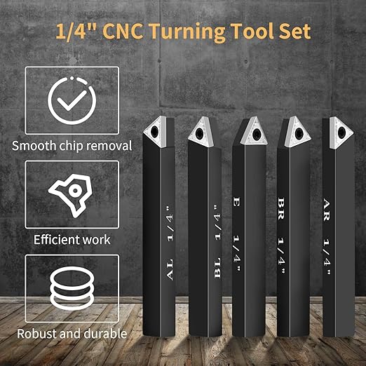 1/4" Indexable Carbide Turning Inserts Holder Set for Machining Lathes, 5 Pcs Set Metal Lathe Tools Inserts Bits with Carbide Inserts TCMT090204.