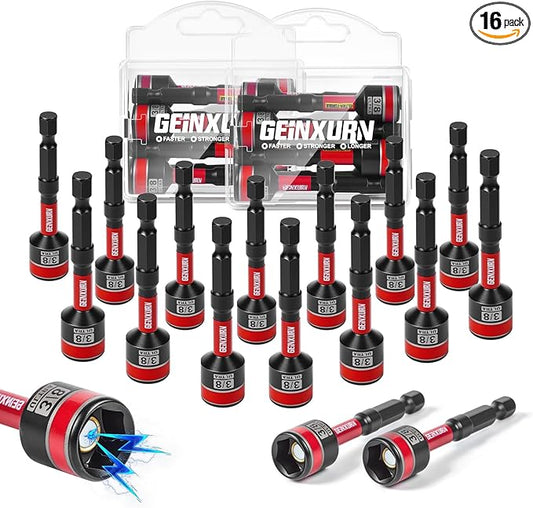 Impact Nut Driver Set, 16 Pieces 2.56?쒵ong 3/8?? Point Alloy Steel Magnetic SAE Nut Setter Set Use For Require Installing 1/4 Hex Shank Impact Driver with Portable Storage Cases