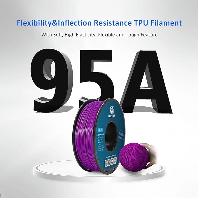 Geeetech TPU Filament 1.75mm ??95A Flexible 3D Printer Filament with High Elasticity, 1KG (2.2lbs) Spool, Dimensional Accuracy 짹0.03mm, Fits Most FDM Printers (Purple)