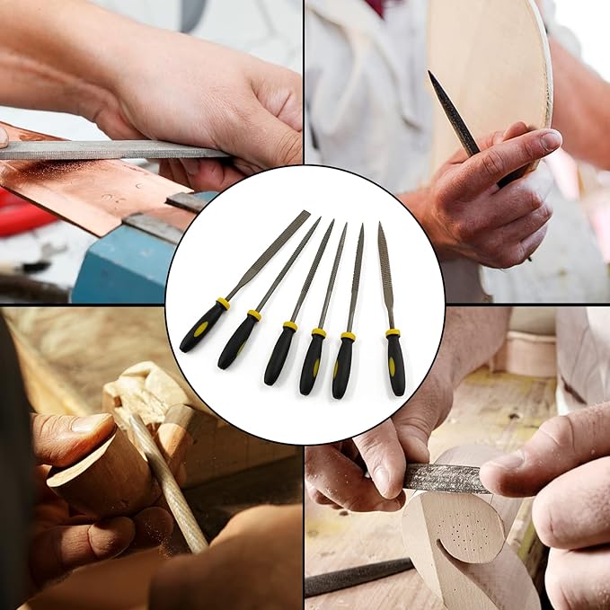 Bivethoi Metal Files Set of 6, Carbon Steel Rasp with Non-Slip TPR Rubberized Handle for Wood, Metal, Sharpening - Flat, Square, Triangle, Cylinder, Cone, Half-Round