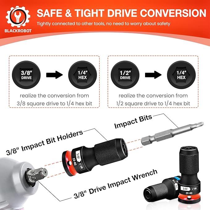 BLACKROBOT 2PCS Quick Release Impact Bit Holders 1/2-Inch & 3/8-Inch Square Drive to 1/4-Inch Hex Socket Adapter, CR-MO Steel