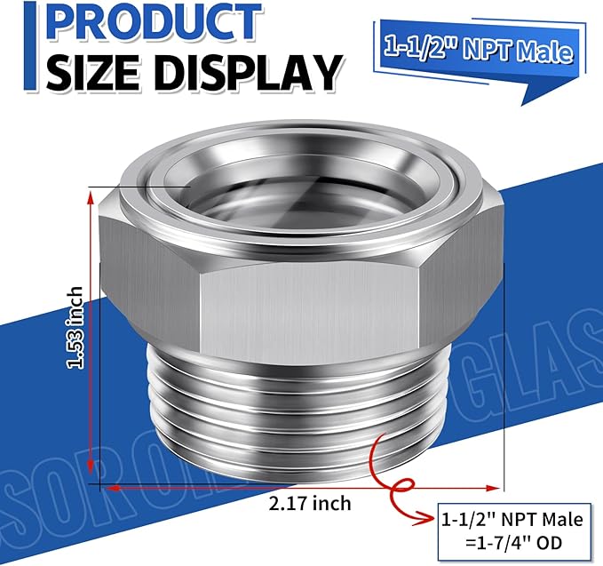 Boltigen 1-1/2'' NPT Male Hex Head Stainless Steel Oil Sight Glass, Liquid Level Gauge Oil Indicator Window for Air Compressor Gearbox Fittings Hydraulic Tank Sight Glass (1-1/2'' NPT Male)
