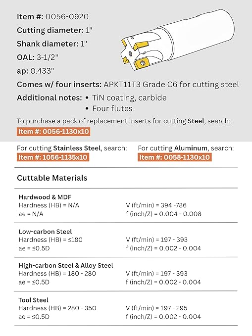 Accusize Industrial Tools 1'' 90 Deg Square Shoulder Indexable End Mill, 3-1/2'' Oal, Apkt11t3 Carbide Inserts, 4 Flute, 0056-0920