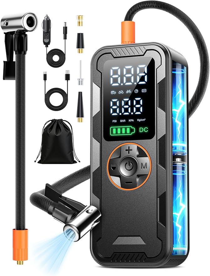 Tire Inflator Portable Air Compressor, 150PSI Electric Air Pump with Digital Pressure Gauge, Fast Inflation, Auto Shut-Off, 12V LED Light, Compact&Cordless Quick Inflation for Car, Motor, Bikes, Balls