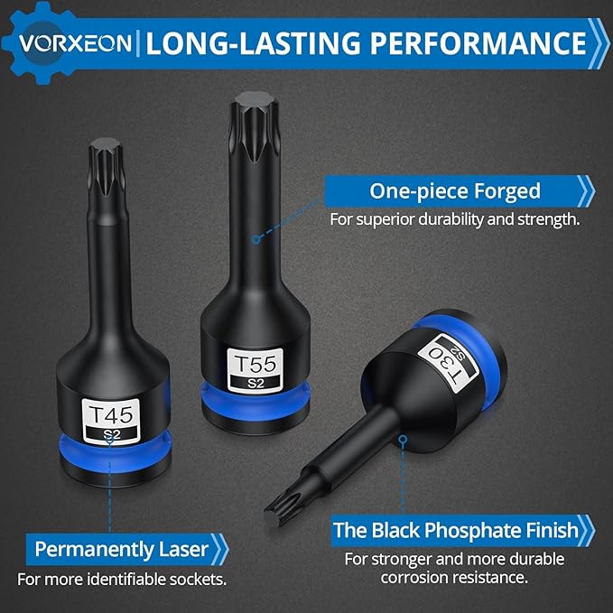 8 Pcs 1/2" Drive Torx Star Impact Bit Socket Set S2 Alloy Steel One-piece forged With Storage Case T30, T40, T45, T50, T55, T60, T70, T80