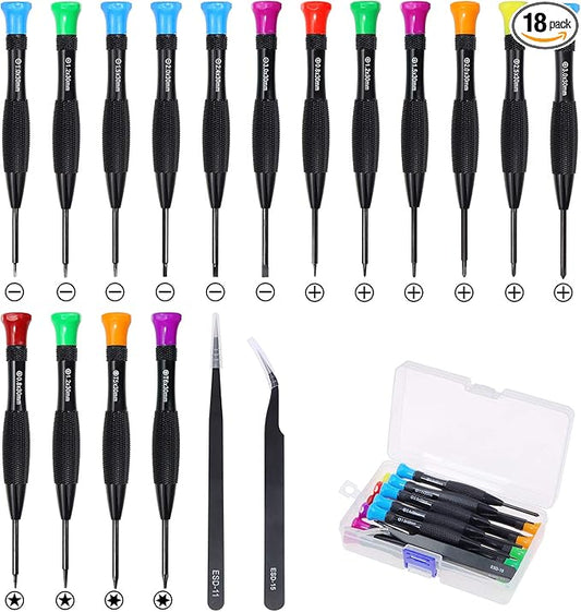 18-Piece Magnetic Screwdriver Set with Flathead, Phillips, Pentalobe, Torx, Star Screwdrivers, Tweezers in Different Sizes and Colors for Repairing Eyeglass, Phone, Watch