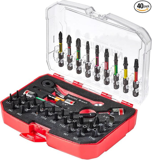 40 Pieces Tool Kit with Matching Storage Box, Include 1??2??S2 Steel Magnetic Screwdriver Bits (Phillips/Square/Slotted/Torx), Nut Driver and Mini Ratchet Wrech for Home Repairs