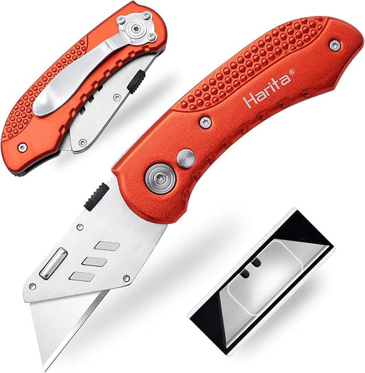 Folding Box Cutter Heavy Duty Utility Knife, Razor Knife, Lightweight Aluminum Handle, Back-lock Mechanism, Stainless Belt Clip, with 5-piece Extra SK5 Blades, for Carpet, Carton, Box, Cardboard Red