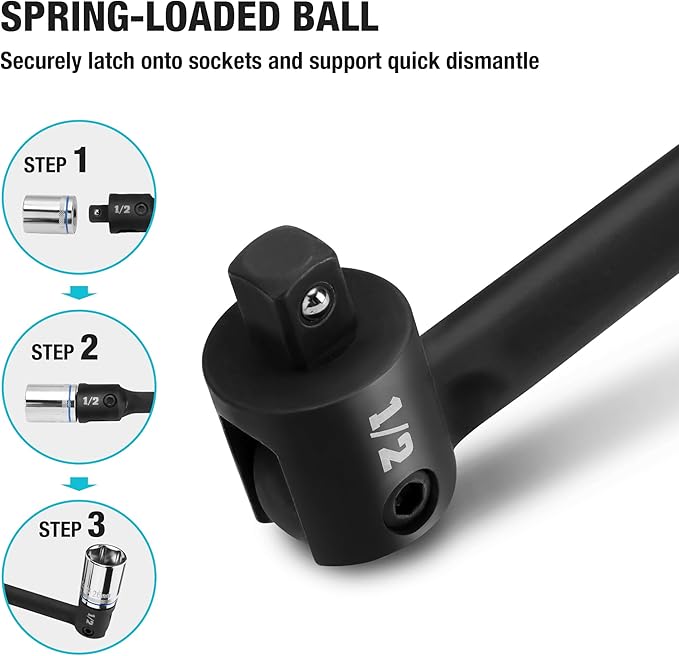 DURATECH Breaker Bar, 1/2'' Drive 24-Inch Breaker Bars Heavy Duty, with 240째 Flex Head, Spring-loaded Detent Ball, CR-MO Head, Premium Black Phosphate Finish