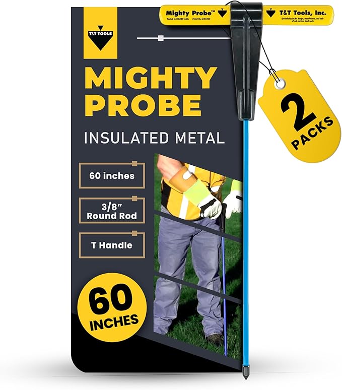 T&T Tools 60-Inch Mighty Probe Insulated Metal Soil Probe ??3/8" Metal Round Rod, Heavy Duty Design for Easy Penetration & Withdrawal, Soil Testing & Landscaping Tools, T-Handle, USA-Made-2 Pack
