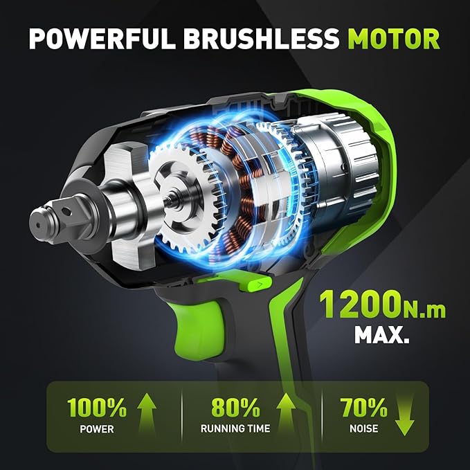 Cordless Impact Wrench 1/2 Inch: Brushless 1/2 Impact Gun Kit - Max 1200N.m (885ft-Lbs) High Torque Impact Driver for Car Tire, Mower, 20V 4Ah Battery, 3-Speed, 4 Socket, LED Light