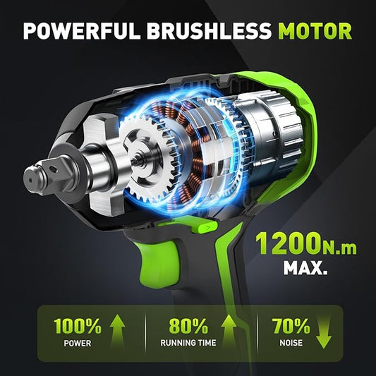 Cordless Impact Wrench 1/2 Inch: Brushless 1/2 Impact Gun Kit - Max 1200N.m (885ft-Lbs) High Torque Impact Driver for Car Tire, Mower, 20V 4Ah Battery, 3-Speed, 4 Socket, LED Light