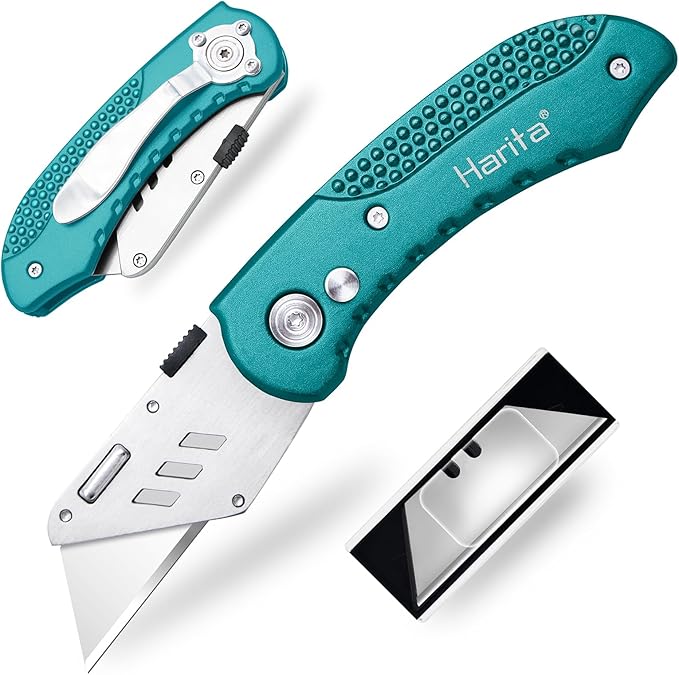 Harita Box Cutter Utility Knife cardboard cutter craft knife Quick Change Blades, Back-lock Mechanism, Portable Belt Clip, with 5-piece Extra Blades, Green