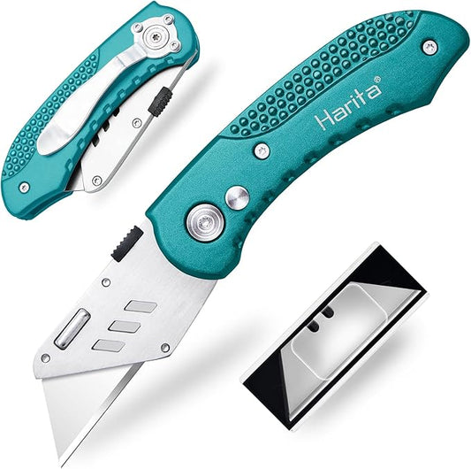 Harita Box Cutter Utility Knife cardboard cutter craft knife Quick Change Blades, Back-lock Mechanism, Portable Belt Clip, with 5-piece Extra Blades, Green