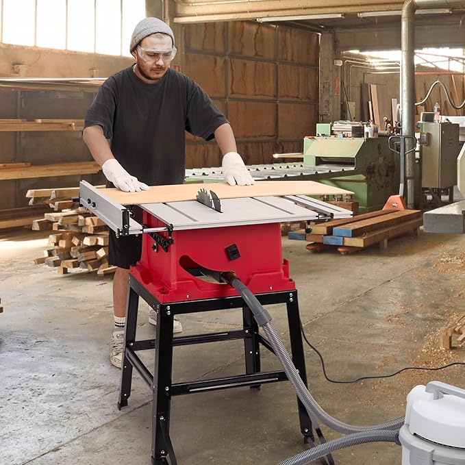 Table Saw, 10 in 15A Multifunctional Saw With Stand & Push Stick, 90° Cross Cut & 0-45° Bevel Cut, 5000RPM, Adjustable Blade Height for Woodworking, Red