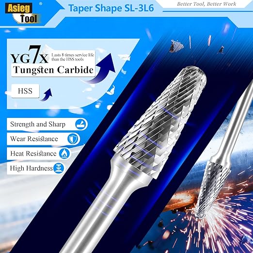 SL-3L6 Tungsten Carbide Burr Rotary File Taper Shape with Radius End Double Cut with 1/4" Shank for Die Grinder Drill Bit
