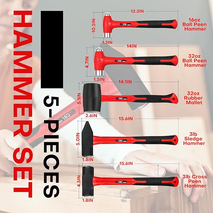 C&T 5-Piece Hammer Set, 16oz Ball Peen Hammer | 32oz Ball Peen Hammer | 32oz Rubber Mallet | 3lb Sledge Hammer | 3lb Cross Peen, Fiberglass Handle & Mallet Set