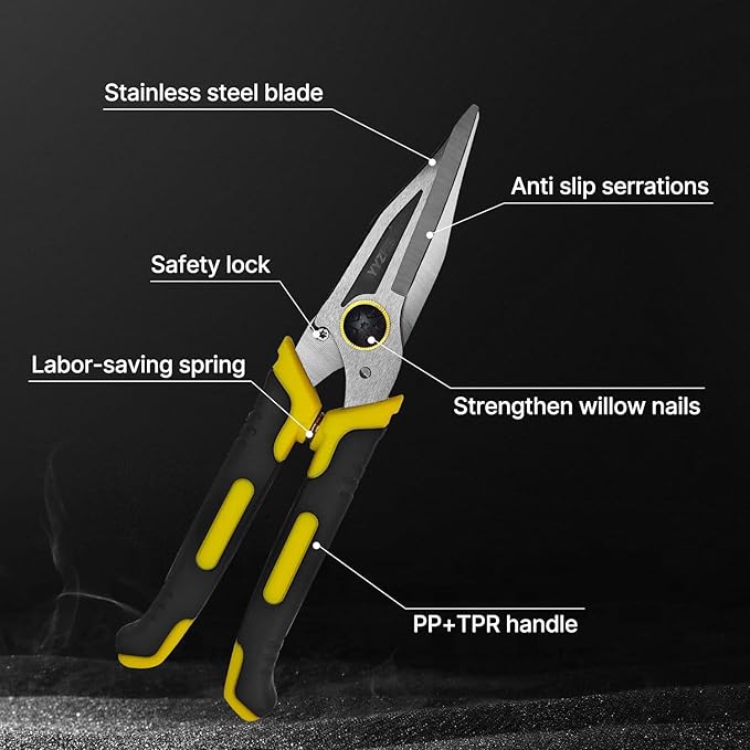 Heavy Duty Scissors 9 Inch Aviation Tin Snips, Straight Metal Cutter with Stainless Steel Blade & Comfort Grips, Multifunction Cutting of Branches, Cable Wires, Cardboard