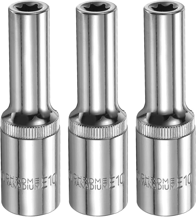 HARFINGTON 3pcs E-Torx Socket 1/2" Drive E10 Star Female Socket 3.1" Length External Torx Deep Sleeve Chrome Plating 6 Point Spline Sleeve for Auto Repairs Home Maintenance