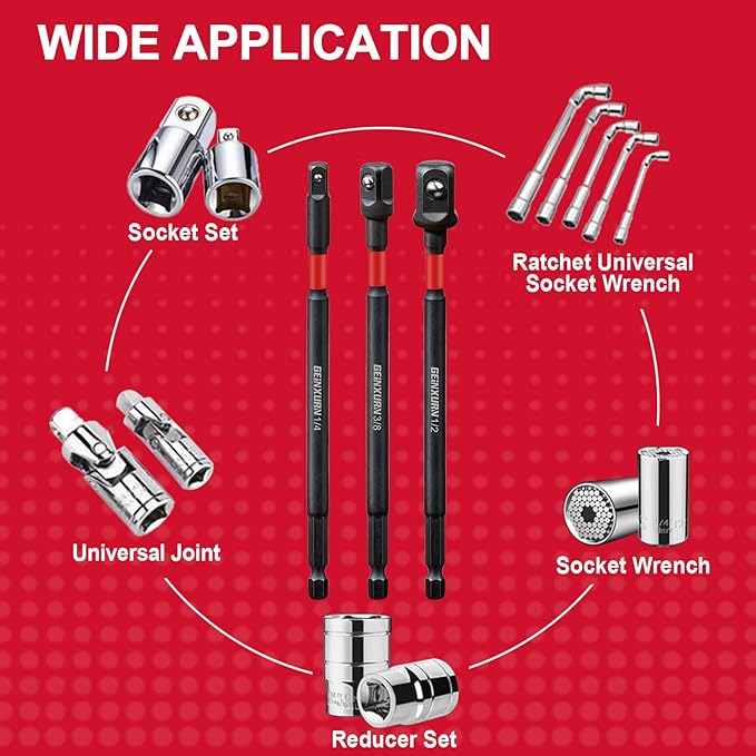 6Pcs Impact Socket Adapter Set,1/4" Drive Square, 6Inches Extension Bit Socket Driver Set, Adapt Your Power Drill to High Torque Impact Wrench