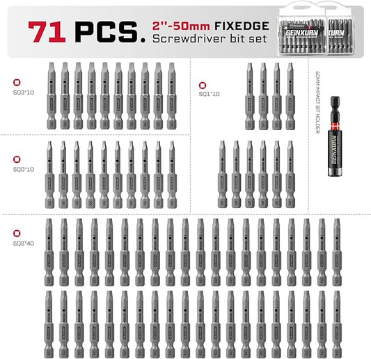 71Pieces Fixedge Screwdriver Bit Set, 2 inches #1#2#3 Square Magnetic Alloy Steel Insert Power Bits Tips with Impact Bit Holder and Portable Storage Cases for Home Repair