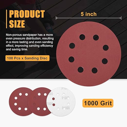 100 Pack 5 Inch Sanding Disc 1000 Grit 8 Hole Round Hook and Loop Sandpapers Fit for Orbital Sander Automotive or Cars Repairing, Grinding or Polishing, Red