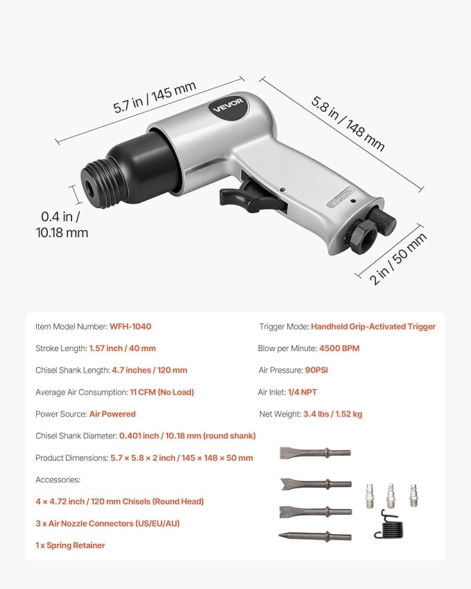 VEVOR Air Hammer, 4500BPM Pneumatic Hammer with 1.57-inch Stroke & 4PCS Chisels Round Shank, Lightweight & Compact Air Chisel Pneumatic Shovel Tool for Cutting Punching Scraping