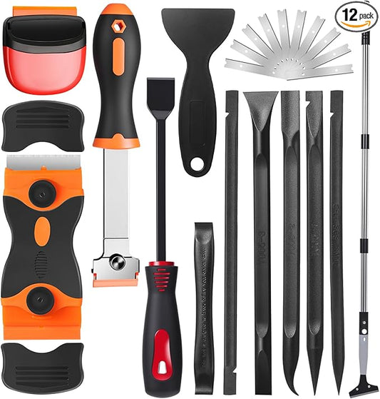Tallew 12 Pcs Plastic Scraper Tool Razor Blade Plastic Pick Putty Knife Non Scratch Tool Set for Window Floor Label Removal Stickers Paint Cleaning Tile Floors Walls Labels Oil Stains(Bright Color)