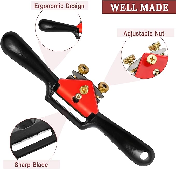 9” Adjustable SpokeShave, Hand Planer Woodworking with Flat Base, Replacement Blades and Ruler, Manual Wood Planer for Wood Working, Wood Craft