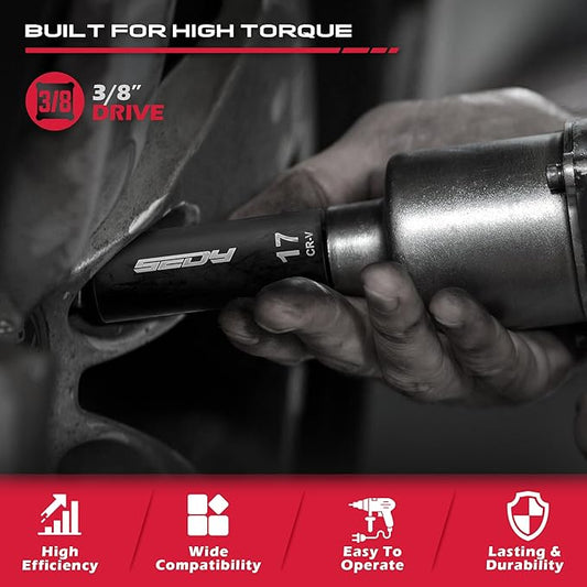 3/8" Drive Impact Socket Set - 49-Piece SAE (5/16 to 3/4 inch) and Metric (8-22mm) Sizes with Extension Bars and Universal Joint Standard & Deep CR-V Material for High Durability Impact Wrench