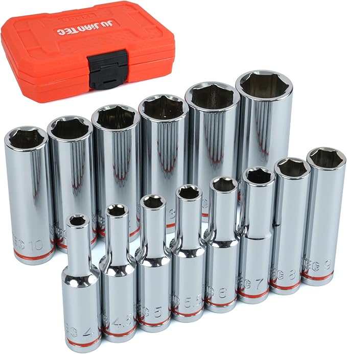 1/4" Drive Metric Master Socket Set, 14-Piece Deep Hex Socket Set (4mm-15mm), Cover Most Commonly Sizes, 6 Point, Chrome Vanadium Steel with Molded Case