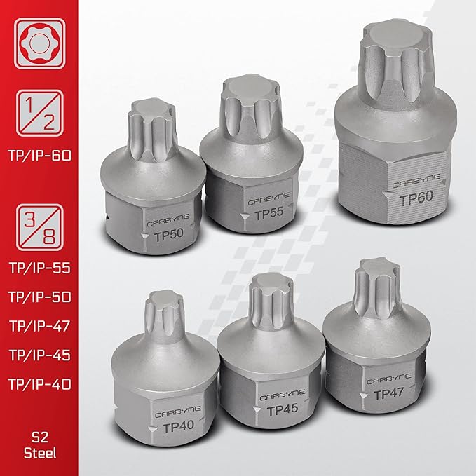 CARBYNE 12-Piece Torx Plus (6 Lobe) Super Short Low Profile Bit Socket Set | TP10/IP10 - TP60/IP60, Dual-Drive: Internal Square Drive & External Hex Drive ??From a Family-Run Tool Company in the U.S.