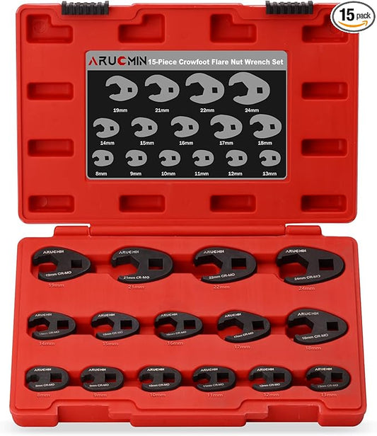 ARUCMIN 3/8" and 1/2" Drive Crowfoot Flare Nut Wrench Set, 15-Piece 8-24mm Metric Crows foot Wrench Set Chromium Molybdenum Steel with Organizer Box