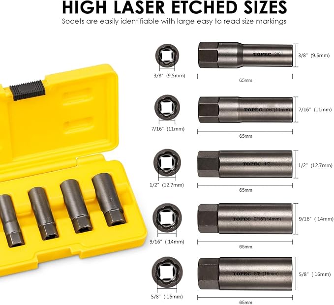 Topec 5-Piece Spiral Type Deep Extractor Set, Spark Plug Easy-out Set, for Removing Deeply trapped and Broken Bolts, Studs, Fittings, Threaded Pipes and Pins