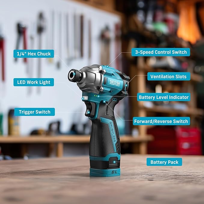 SEESII 16.8V Impact Driver Kit, 1/4" Hex Cordless Impact Driver Set & 2횞2.0Ah Batteries, 150N.m Max Torque(1327 In-lbs) Brushless Power Impact Driver w/ 16Pcs Drill Bits, 0-3300RPM Variable Speed