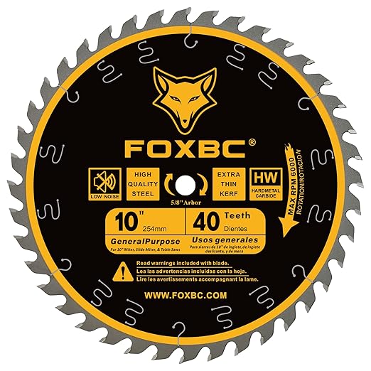 FOXBC 10 Inch Ultimate General Purpose Table Saw Blade, 40-Tooth Wood Cutting, 5/8-Inch Arbor