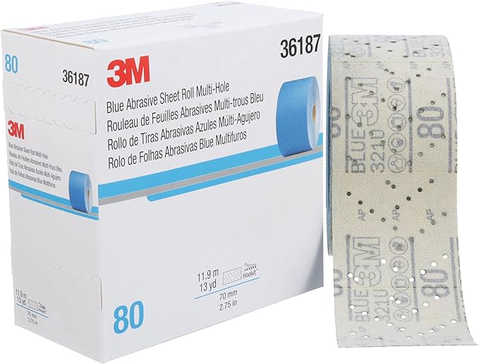 3M Hookit Blue Abrasive Sheet Roll, 36187, Multi-Hole, 2.75 in x 13 yd, 80+ Grade, Automotive Sanding Roll Sandpaper for Coating Removal, Body Repair, Auto Sanding