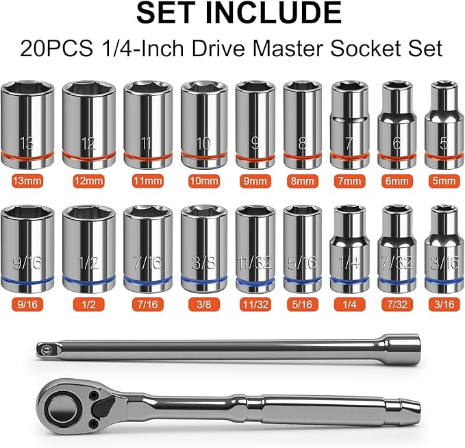 20-Piece 1/4" Drive Shallow Socket Set, SAE/Metric (3/16"-9/16" & 5mm-13mm) with Ratchet & Extension Bar, Premium Chrome Vanadium Steel, 6-Point, with Molded Case