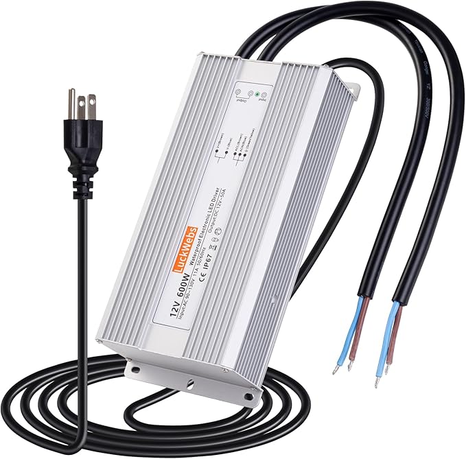 LED Driver 12V600W Waterproof Power Supply AC 90-130V to DC 12V50A Low-Voltage IP67 Switching Power Supply Outdoor LED Garden Landscape Lights LED Strip Light Spotlights Transformer
