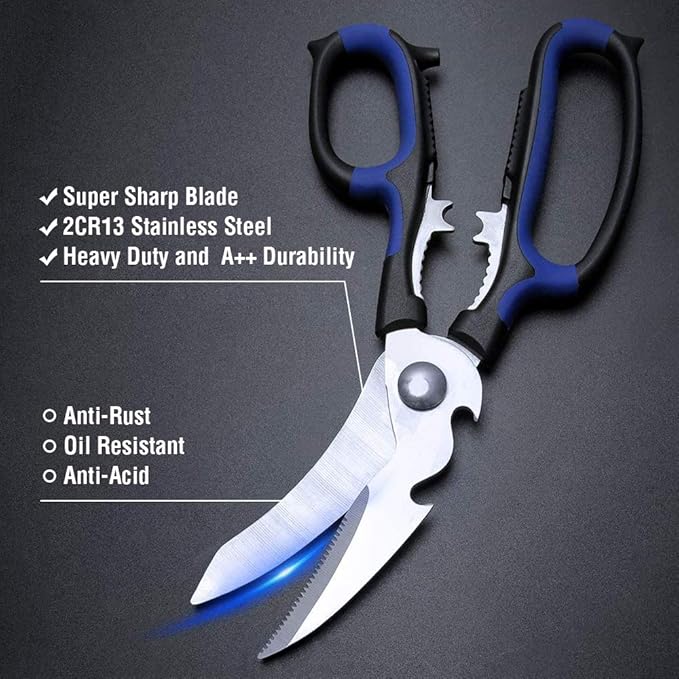 Heavy Duty Kitchen Shears with Unique Curve Blade, No Rust Cooking Knives Multi-purpose Poultry Shears, Scissors for Turkey Chicken Meat Bone Nuts Cardboard
